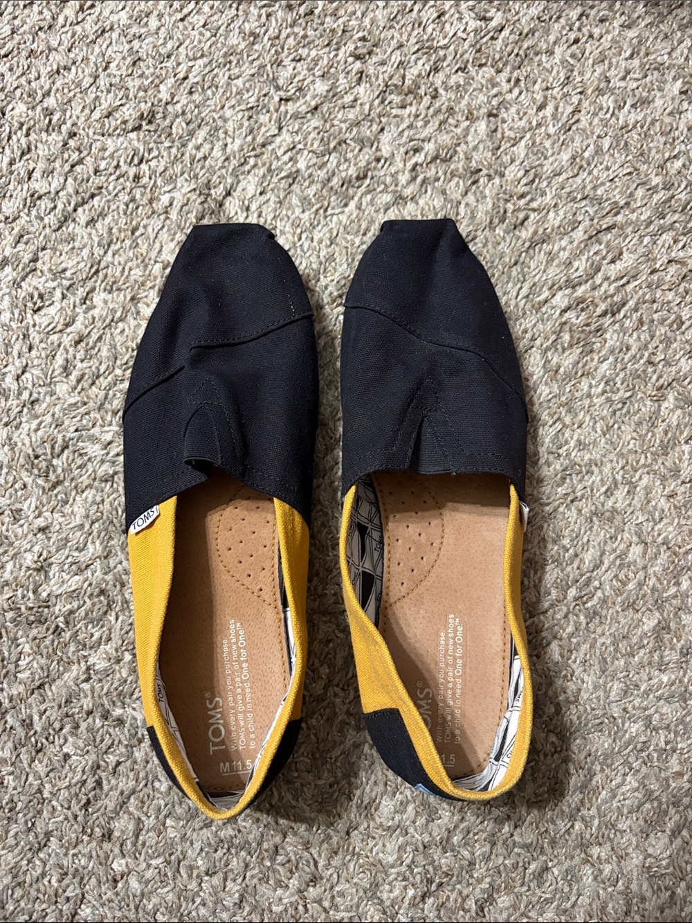 Toms Black Canvas Slip-On Flats with Mustard Trim